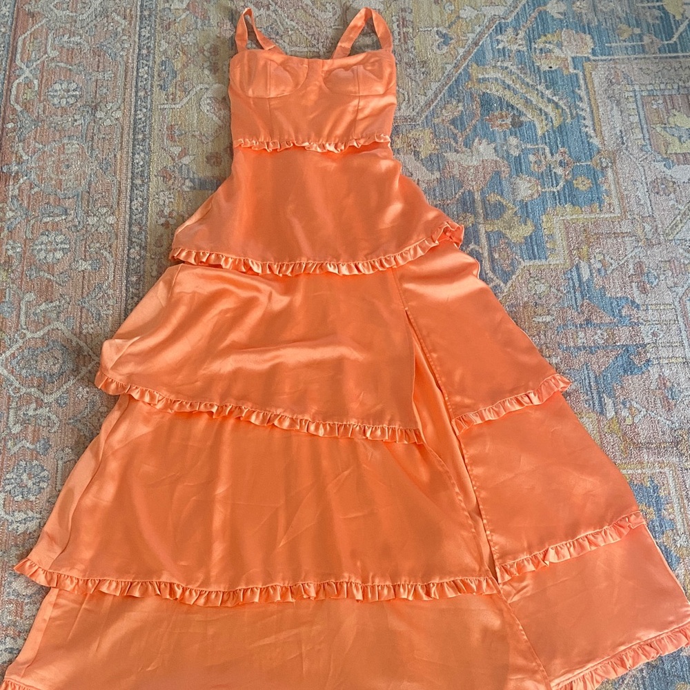 Show Me Your MuMu Peach Satin Tiered Ruffle Maxi Dress - Picture 3 of 16